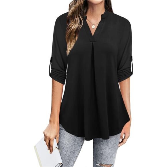 Women's Dressy Casual Tops - 3/4 Sleeve V-Neck Chiffon Work Blouses - Picture 3 of 7